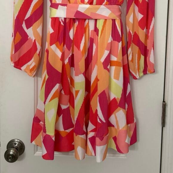Nicole Miller New Pink Multi Color Pleated Mini Dress Summer Vibrant Party XL - Picture 8 of 16